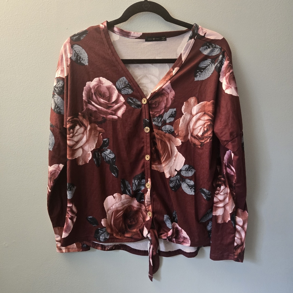 Floral Womens Button Up Front Tie Long Sleeve Shirt